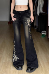 Floral Embroidered Low Rise Black Flare Jeans