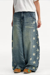 Star Panel Faded Barrel Leg Jeans