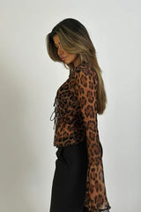 Leopard Print V Neck Tie Blouse