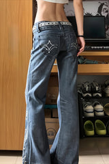 Crystal Floral Graphic Wide Leg Flare Jeans