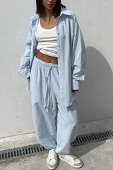 Striped Button Shirt Tie Waist Pants Set