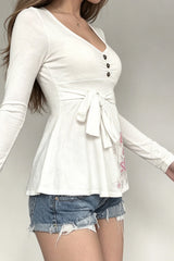 Floral Button Front Tie Waist Long Sleeve T-Shirt