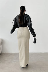 High-Waist Khaki PU Skirt