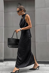 Black Satin Halter Maxi Dress