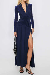 Deep V Ruched Long Sleeve Slit Fitted Waist Maxi Dress