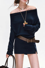 Batwing Sleeve Ribbed Knit Paneled Sweater Dress