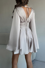 Solid V-neck Bow Snug Long-Sleeve Mini Dress