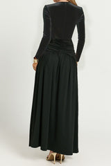 Deep V Ruched Long Sleeve Slit Fitted Waist Maxi Dress