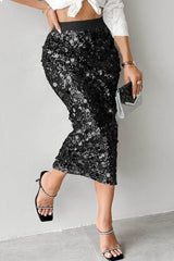 Solid Sequin High Waist Midi Christmas Skirt