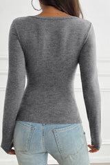 Button Detail Lace Trim V-Neck Long Sleeve Tee