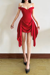 Asymmetrical Ruched Lace Patchwork Spaghetti Strap Party Dress