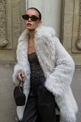 Solid Collar Mid Length Faux Fur Coat