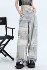Newspaper Print Wide Leg Jean
