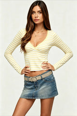 Striped Deep V Neck Fitted Long Sleeve T-Shirt