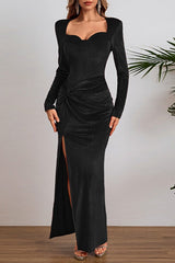 Elegant Long Sleeve Ruched Velvet Slit Fitted Waist Party Dress