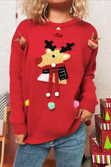 Christmas Cartoon Deer Knit Crew Patchwork Sweater
