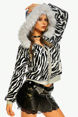 Zebra Faux Fur Trim Zip Hoodie