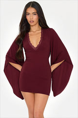 Lace Trim Flared Sleeve Fitted Mini Party Dress