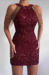 Chic Halter Crystal Chain Bodycon Mid Waist Sequin Dress