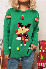 Christmas Cartoon Deer Knit Crew Patchwork Sweater