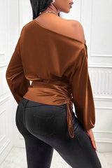 Satin Asymmetric Collar Ruched Waist Long Sleeve Tee