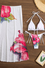 Floral Print Mesh Long Skirt Three Piece Swim Set