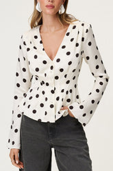 Polka Dot V Neck Fitted Blouse