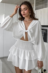 Tie-Front White Long-Sleeve Mini Dress