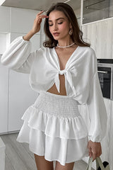 Tie-Front White Long-Sleeve Mini Dress