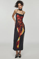 Flame Print Cami Backless Midi Dress