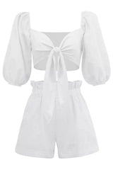 Linen Wrap Front Tie Puff Sleeve Shorts Sets In White