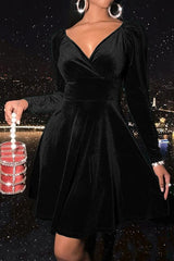 Velvet Solid Long Sleeve V-neck Midi Dress