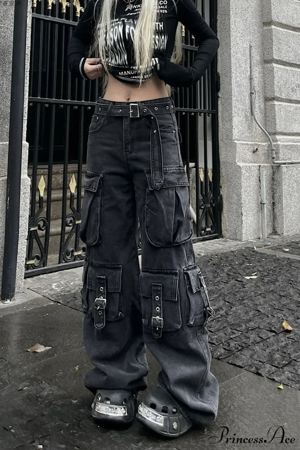 Denim Multi-Pocket Street Loose Cargo Pants Black / XS