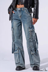 Denim Multi-Pocket Wide-Leg Cargo Pants Blue / S