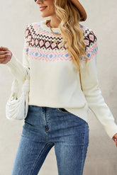 Jacquard Crew Neck Knit Pullover Sweater White / S