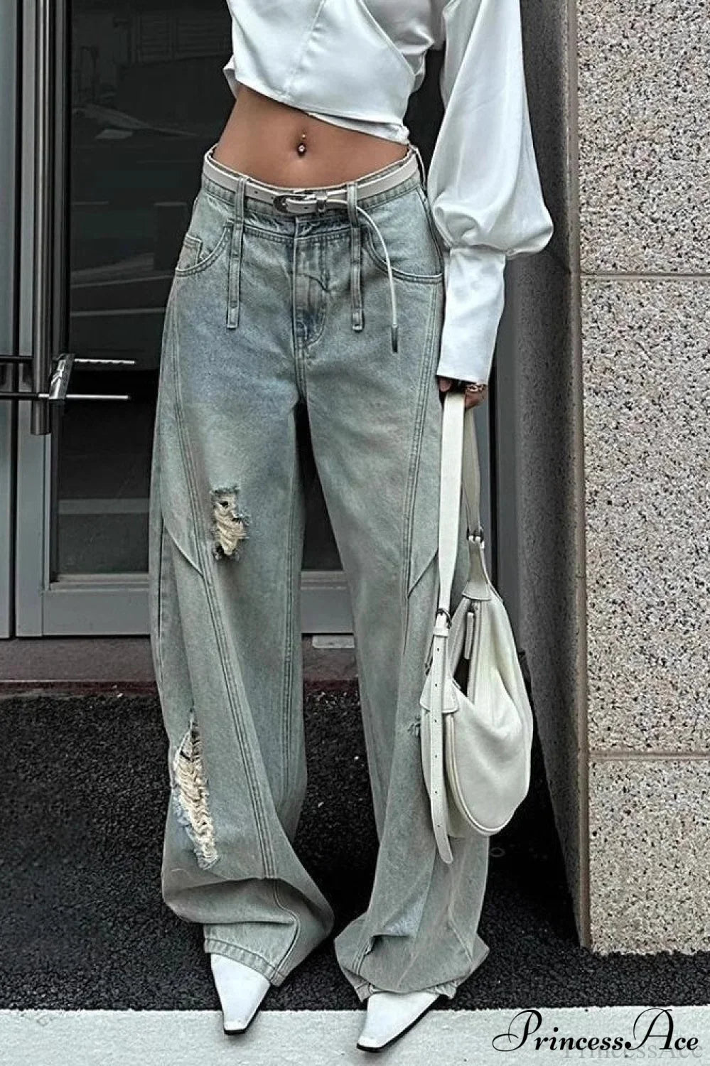 Distressed Ripped Relaxed Curved Leg Jeans