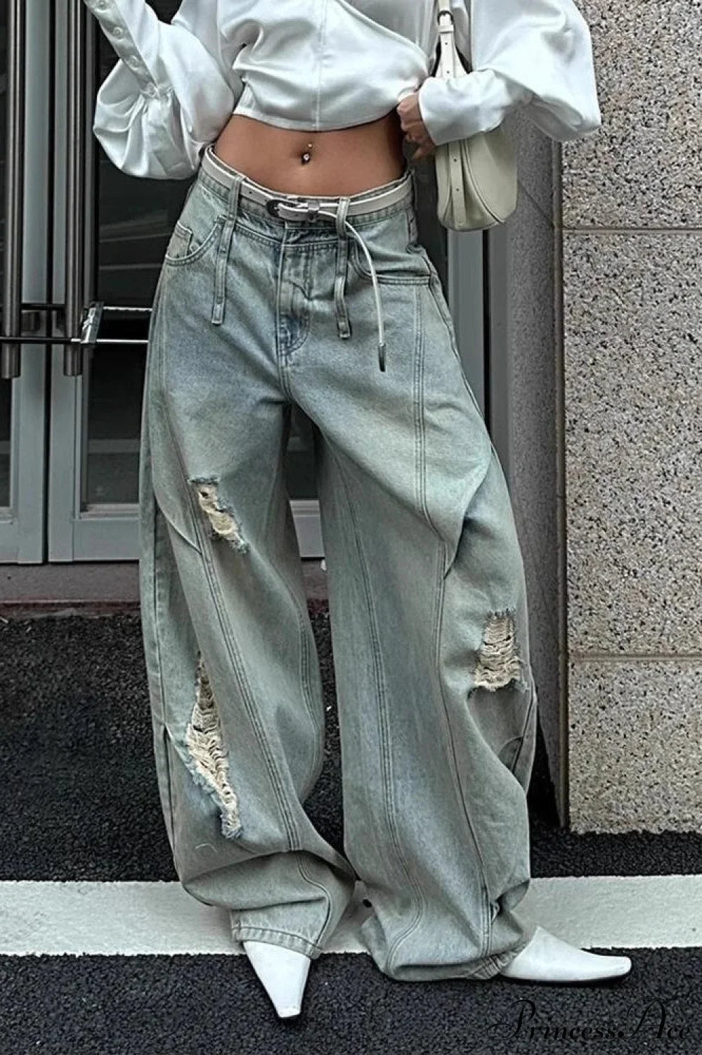 Distressed Ripped Relaxed Curved Leg Jeans Blue / S