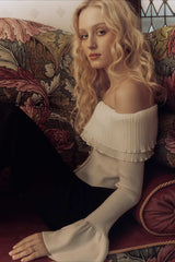 Paneled Ruched Buttoned Off-the-Shoulder Long Sleeve Tee