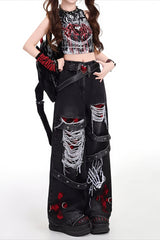 Distressed Patchwork Cargo Wide Leg Jeans