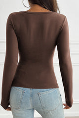 Button Detail Lace Trim V-Neck Long Sleeve Tee