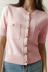 Short Sleeve Pocket Button Knit Cardigan