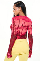 City Print Sheer Thumbhole Long Sleeve Crop Top