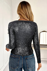 Sequin Crew Neck Fitted Long Sleeve T Shirt