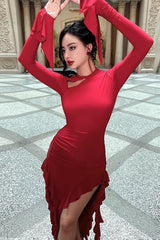 Ruffle Split Long Sleeve Maxi Dress