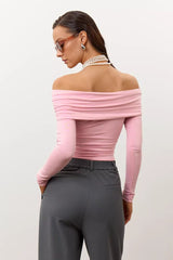 Ruched Cross Slim Bare-Shoulder Long Sleeve Tee