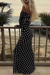Off Shoulder Mesh Polka Dot Maxi Dress