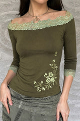 Lace Trim Floral Off Shoulder Fitted T-Shirt