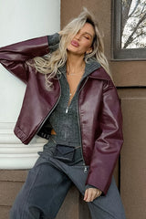 Burgundy Faux Leather Biker Jacket