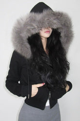 Fur Trim Hooded Zip Waist Jacket S / Black