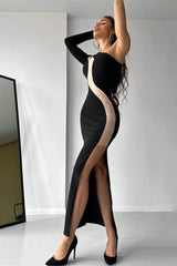 Asymmetrical One-Shoulder Mesh Midi Dress